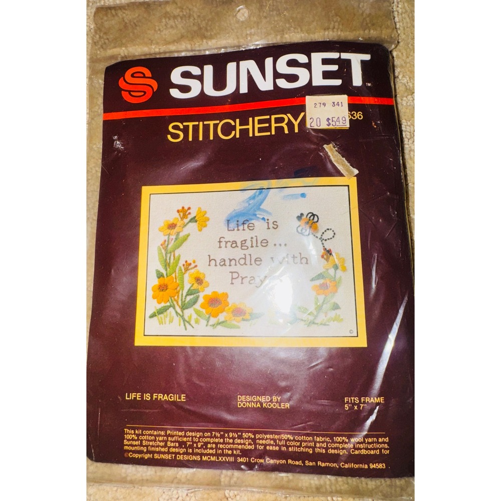 Vintage Sunset Stitchery Life Is Fragile Donna Kooler Crewel Kit 1978 Bee Floral